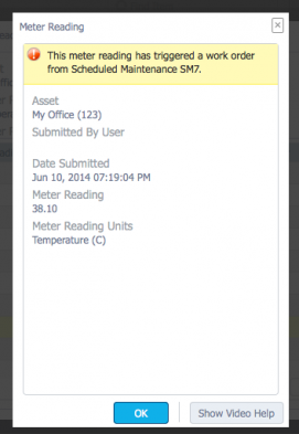 The details of the datapoint that triggered the scheduled maintenance: meter reading has triggered a work order