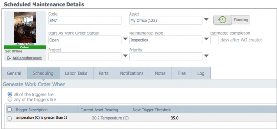 The scheduled maintenance, set to make a work order when the temperature exceeded 35 degrees Celsius