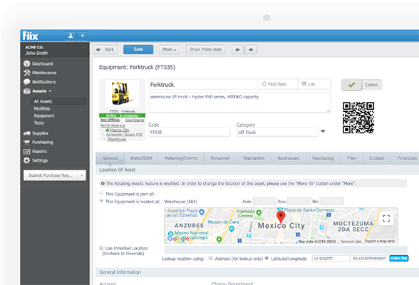 Desktop view of Fiix's asset equipment overview page