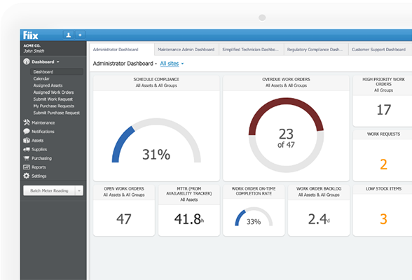 Desktop view of Fiix's admin dashboard, where you can see an overview of information ranging from overdue work orders to low stock items