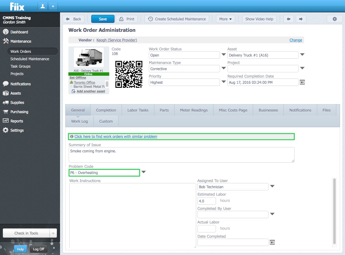 Fiix's desktop work order administration window