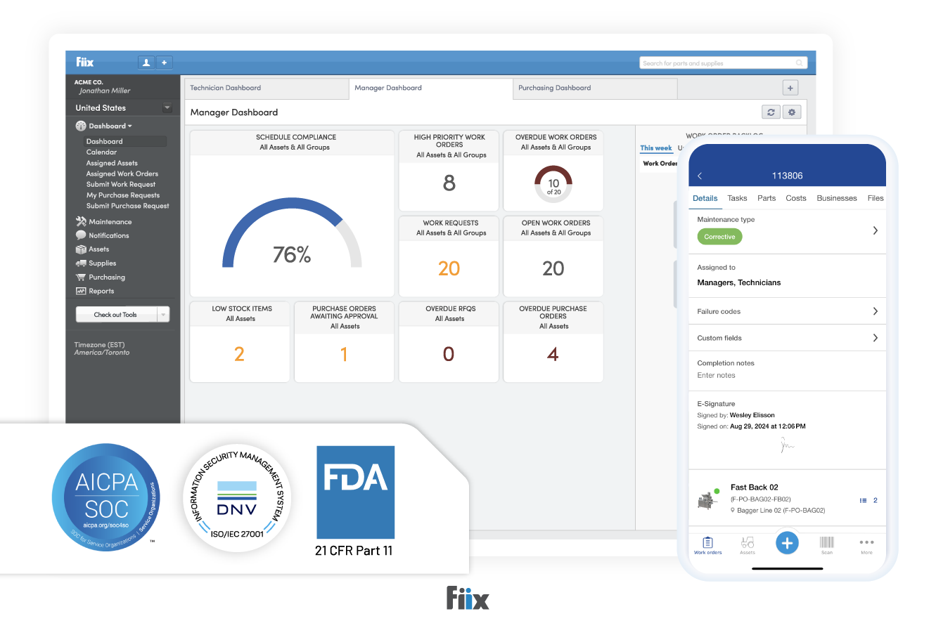 Fiix security badges and dashboard